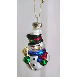 Glass Snowman Hanging Christmas Ornament 3.5 in White Black Red Blue Gold